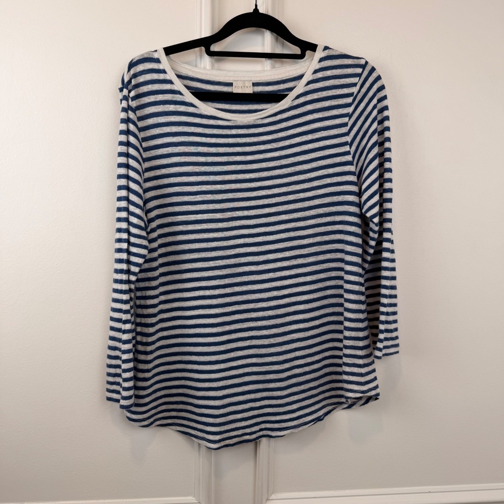 Poetry Women Blue White Striped 100% Linen Long Sleeve Scoop Neck Top Size 6
